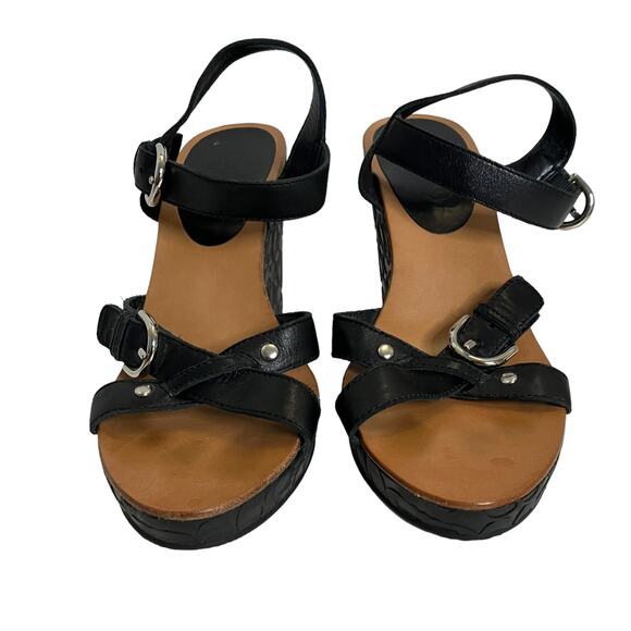 Coach Womens Elize Black Leather Signature Wedge Open Toe Strap Sandals Size 7M - Picture 2 of 13